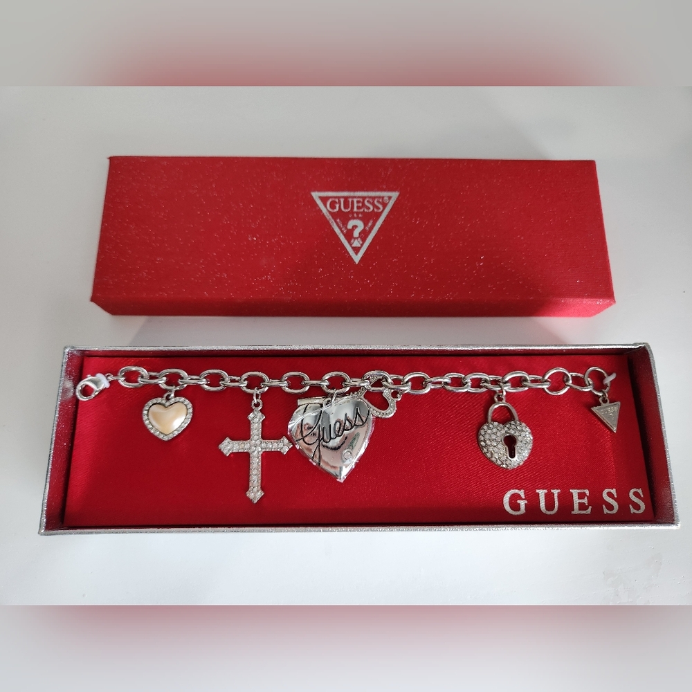 Vintage Guess Charm Bracelet & Extra Charms Rheinstones Heart Key Cross Locket